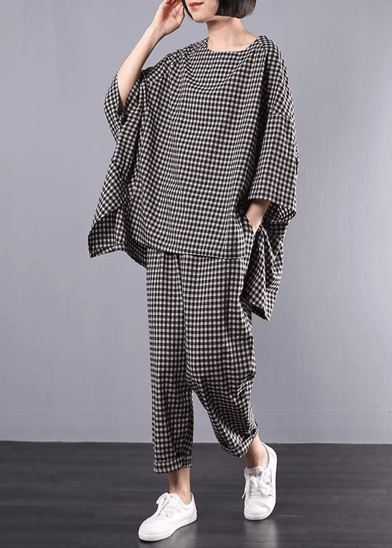 Plus Size T-shirt og Bukser Sæt i Rød Ternet Design 1