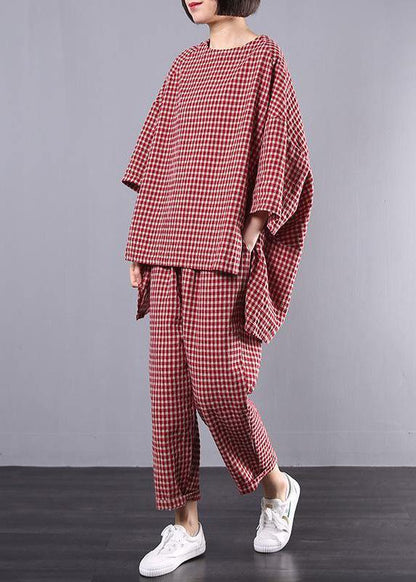 Plus Size T-shirt og Bukser Sæt i Rød Ternet Design 3