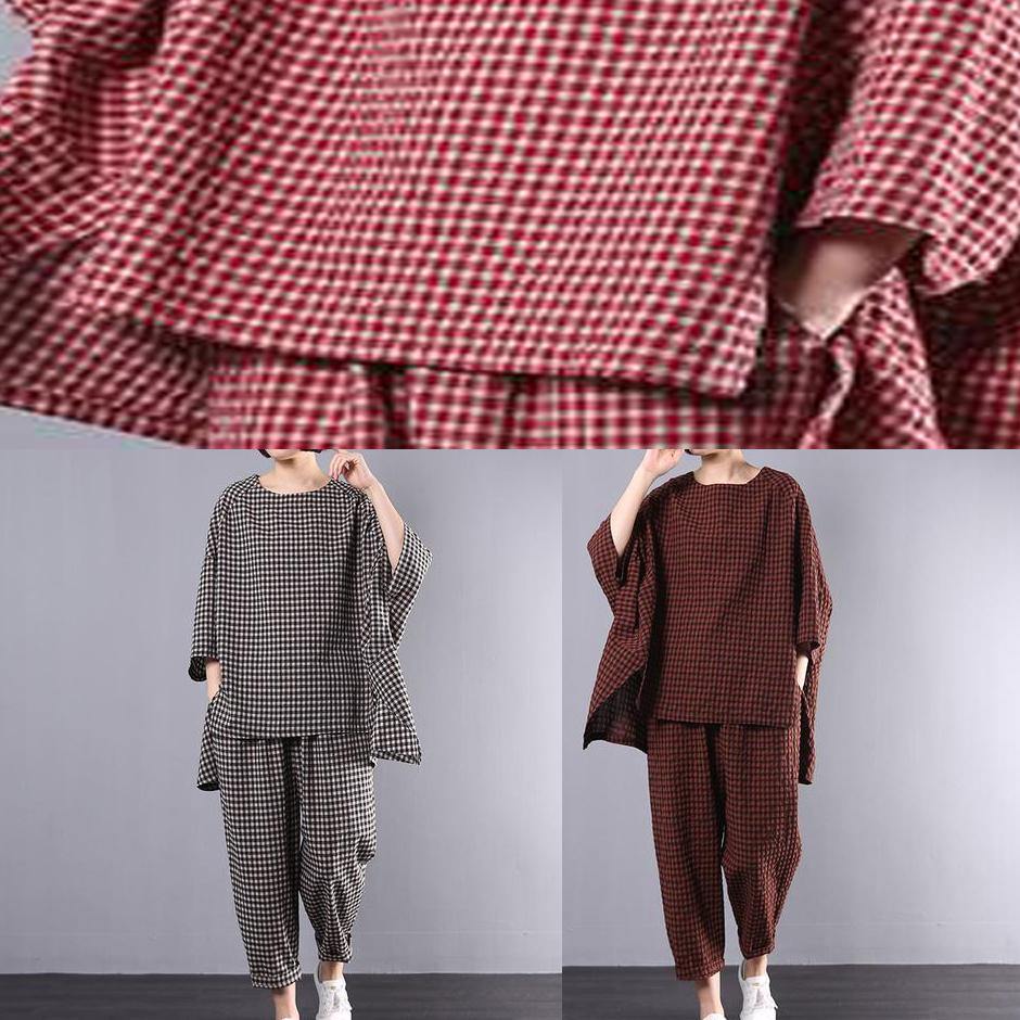 Plus Size T-shirt og Bukser Sæt i Rød Ternet Design 6
