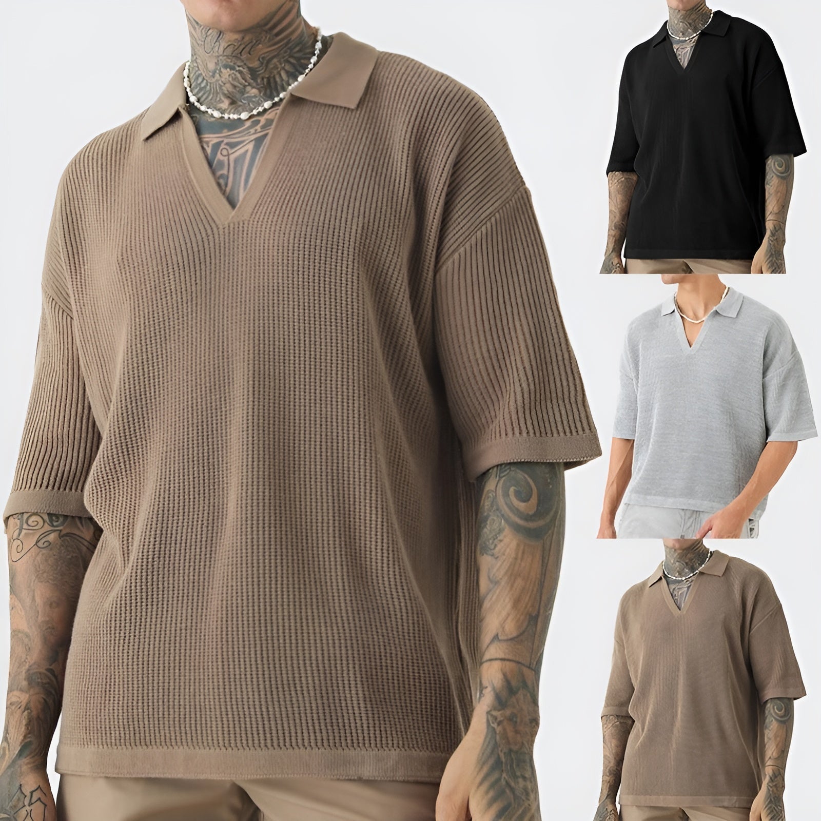 Polo Shirt Mænd Boxy Stil V-Udskæring Korte Ærmer 3