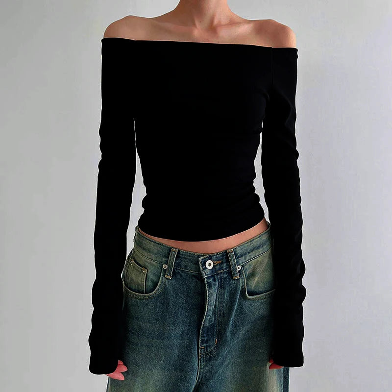 Ensfarvede langærmede off shoulder-toppe