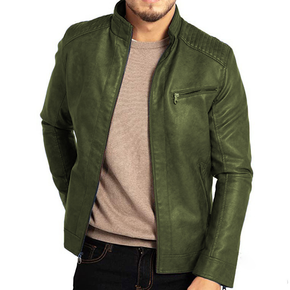 Herre Læderjakke Slim Fit Med Hævet Krave Og Lynlås 2