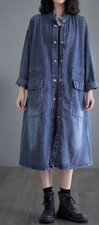 Kvinders Trench Coat Denim Løs Pasform med Lommer