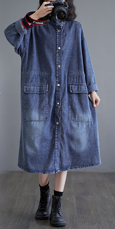 Kvinders Trench Coat Denim Løs Pasform med Lommer