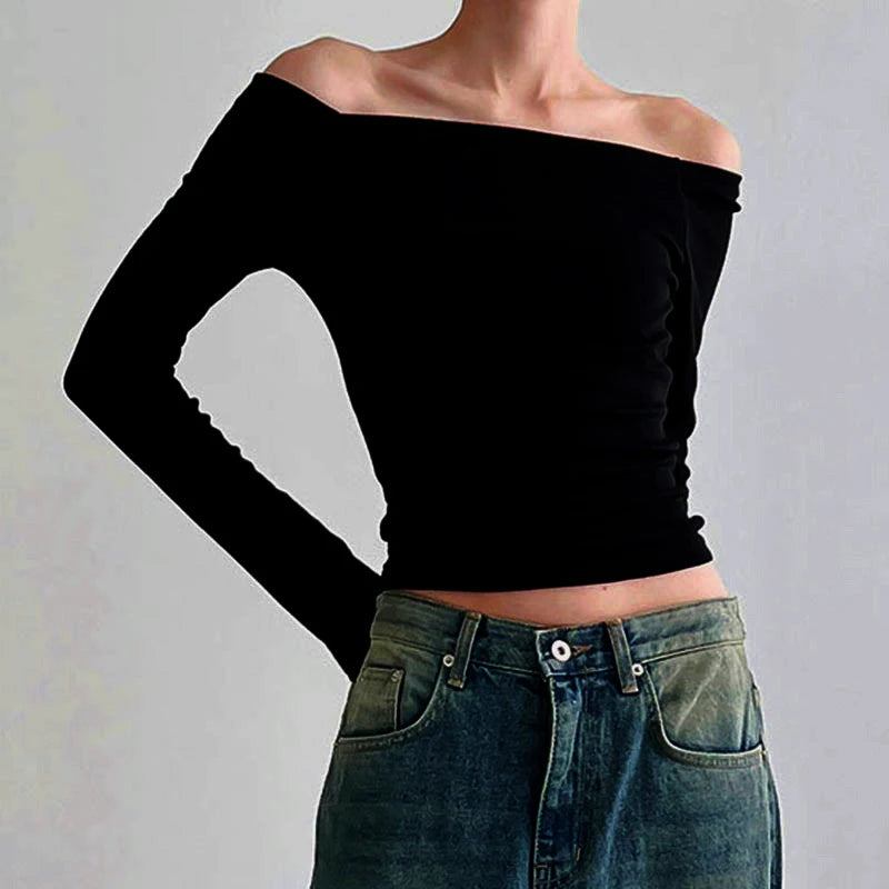 Ensfarvede langærmede off shoulder-toppe