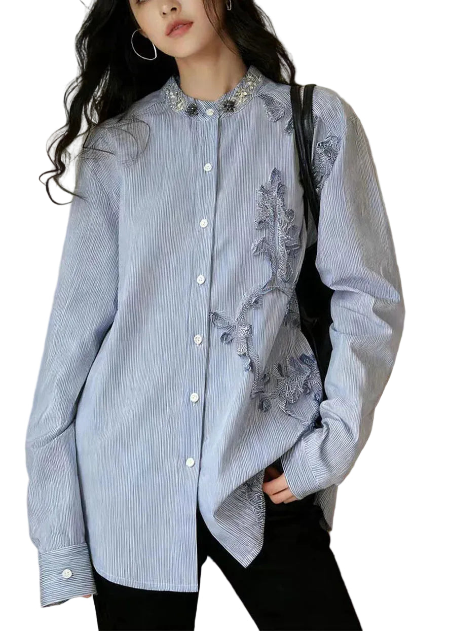 Skjortebluse Dame Boheme Stil med Perle- og Stribedetaljer 0
