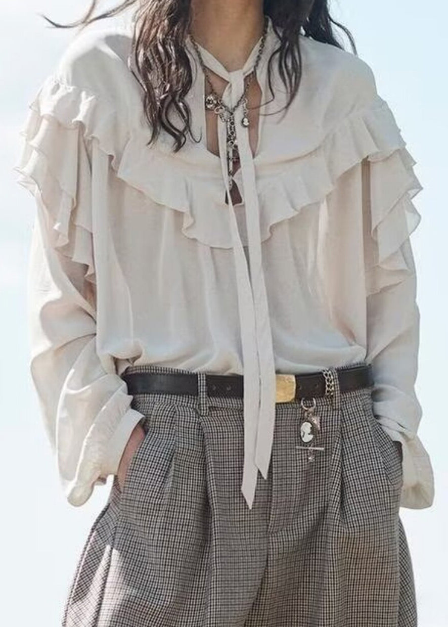 Skjortebluse Dame Oversized med Flæser og Lange Ærmer 1