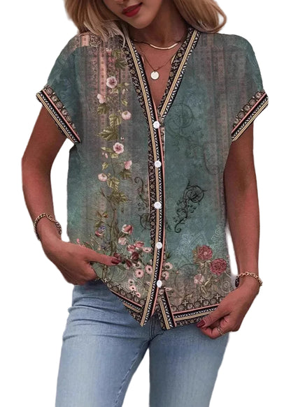 Skjortebluse Dame V-hals Med Stilfuldt Print 0