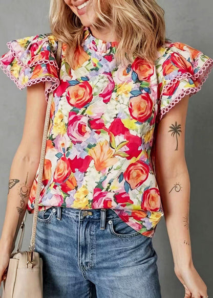 Skjortebluse Dame med Ståkrave og Butterfly Ærmer - Farverigt Print, Løs Pasform 0