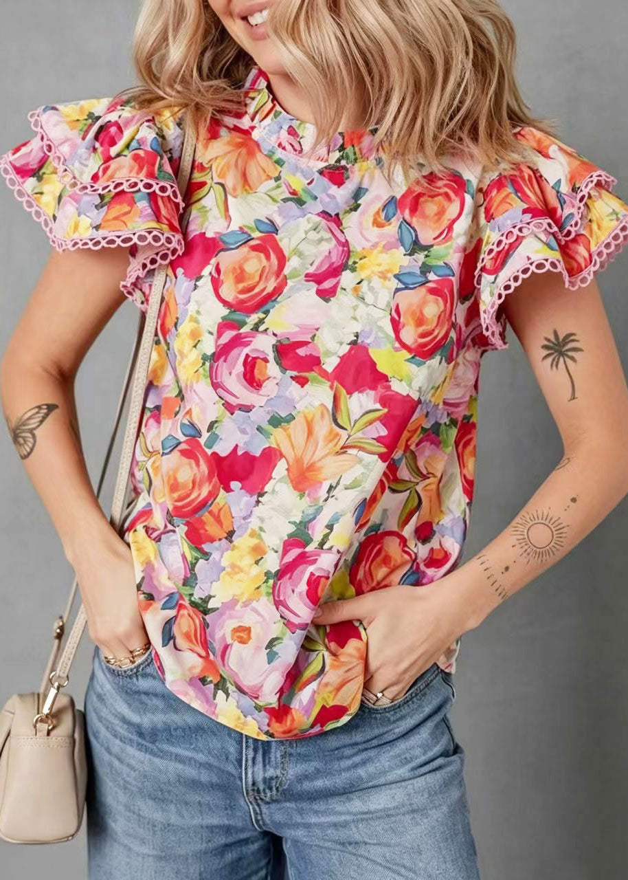 Skjortebluse Dame med Ståkrave og Butterfly Ærmer - Farverigt Print, Løs Pasform 1