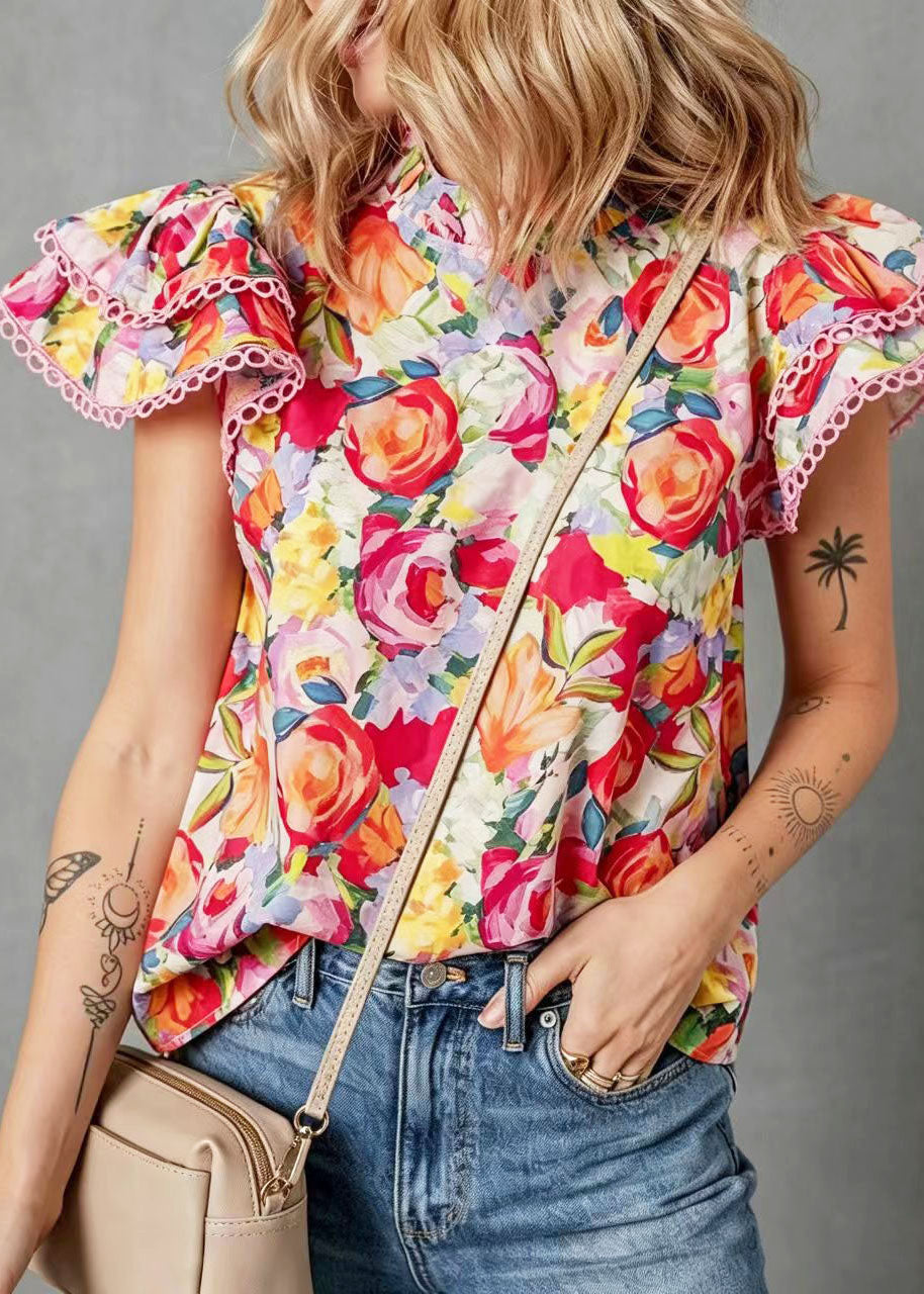 Skjortebluse Dame med Ståkrave og Butterfly Ærmer - Farverigt Print, Løs Pasform 2