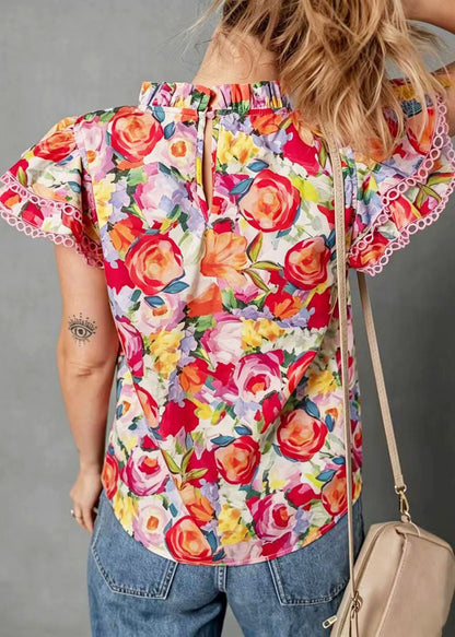 Skjortebluse Dame med Ståkrave og Butterfly Ærmer - Farverigt Print, Løs Pasform 3