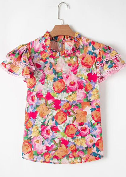 Skjortebluse Dame med Ståkrave og Butterfly Ærmer - Farverigt Print, Løs Pasform 4