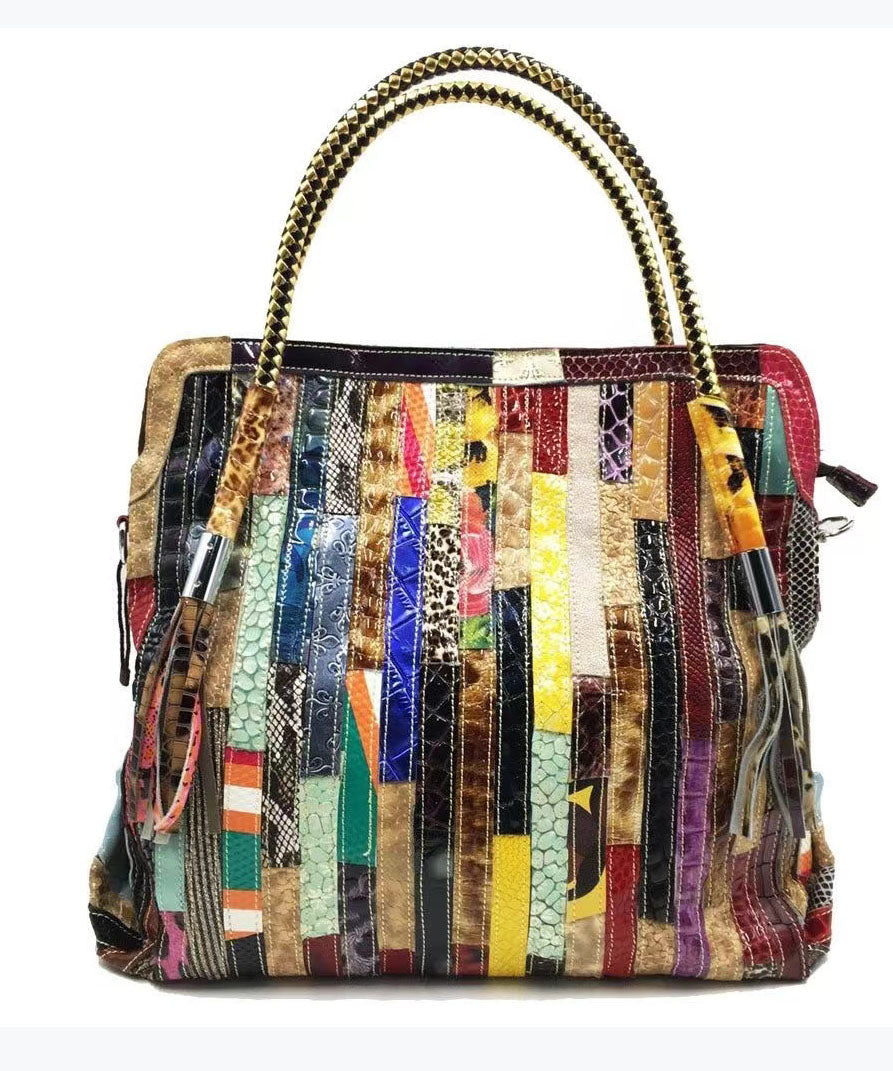 Tote Håndtaske med Slangeprint og Patchwork Design 0