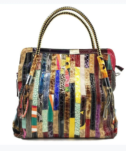 Tote Håndtaske med Slangeprint og Patchwork Design 0