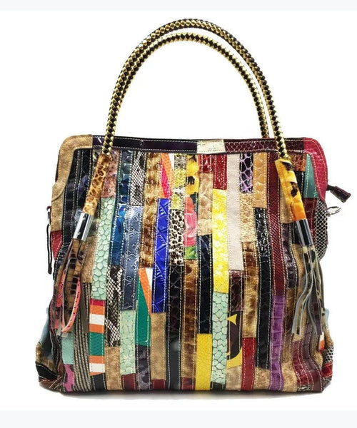 Tote Håndtaske med Slangeprint og Patchwork Design 0