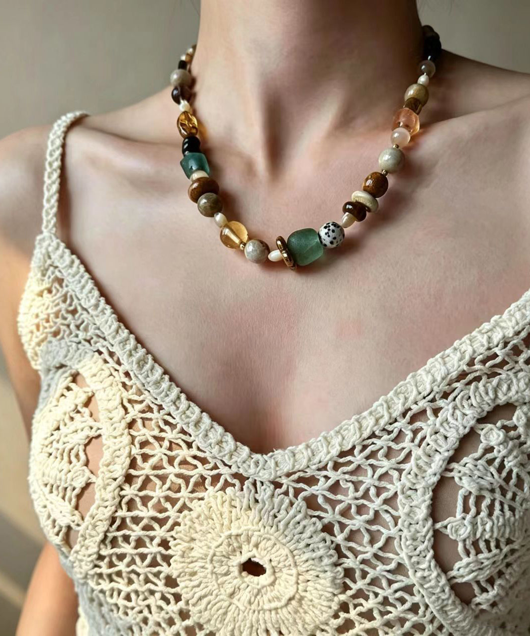 Unisex Choker Halskæde Boho Stil Med Farverige Natursten 0