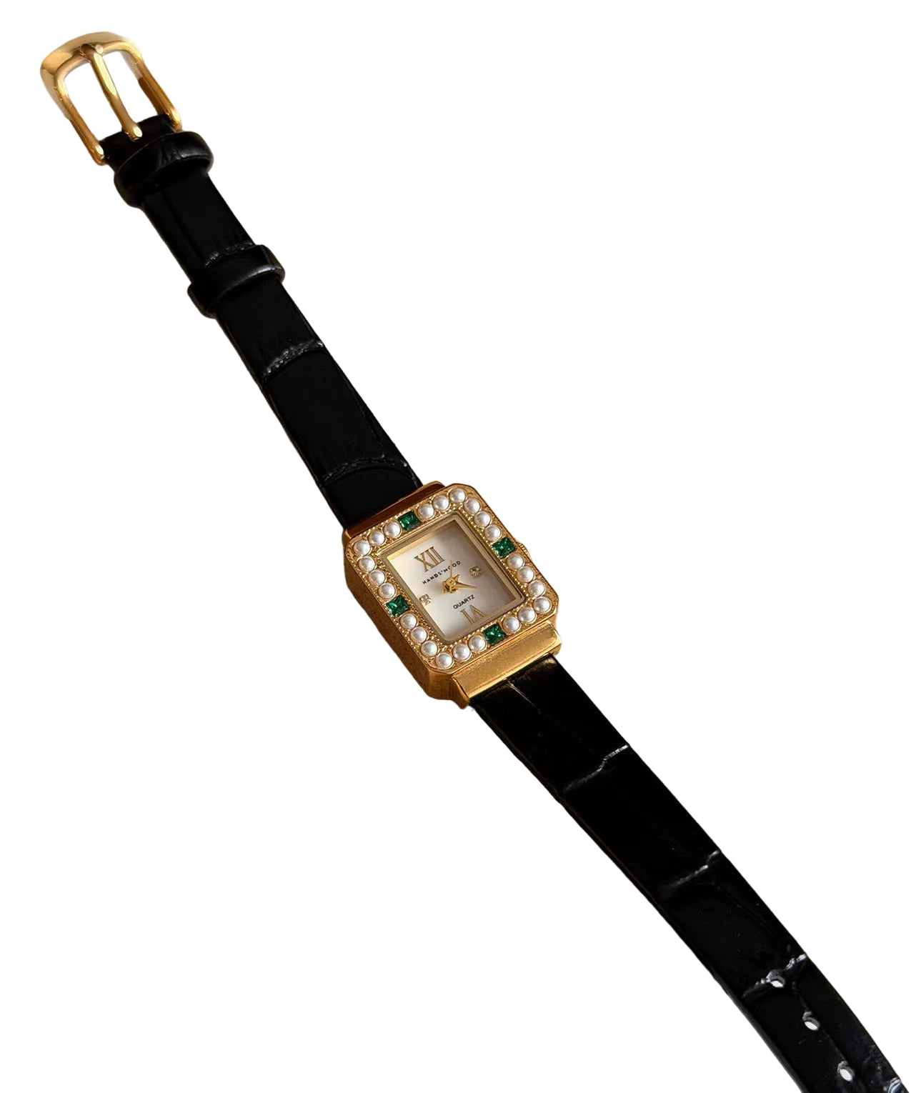 Unisex Quartz Ur med Sort Læderrem og Zircon Detaljer 0