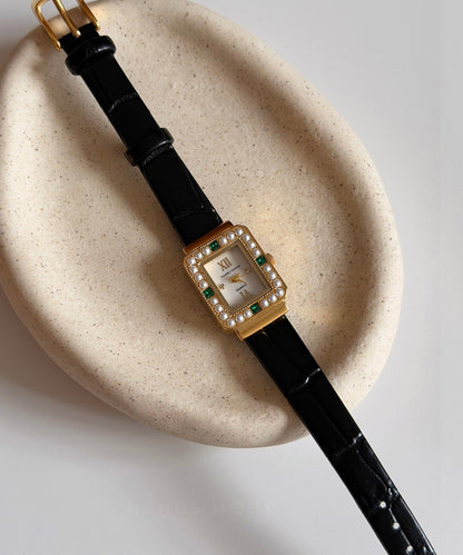Unisex Quartz Ur med Sort Læderrem og Zircon Detaljer 2