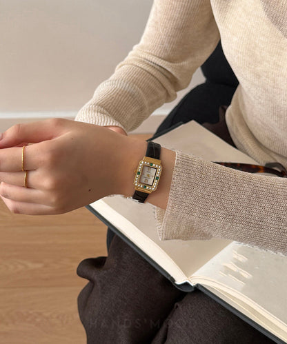Unisex Quartz Ur med Sort Læderrem og Zircon Detaljer 3