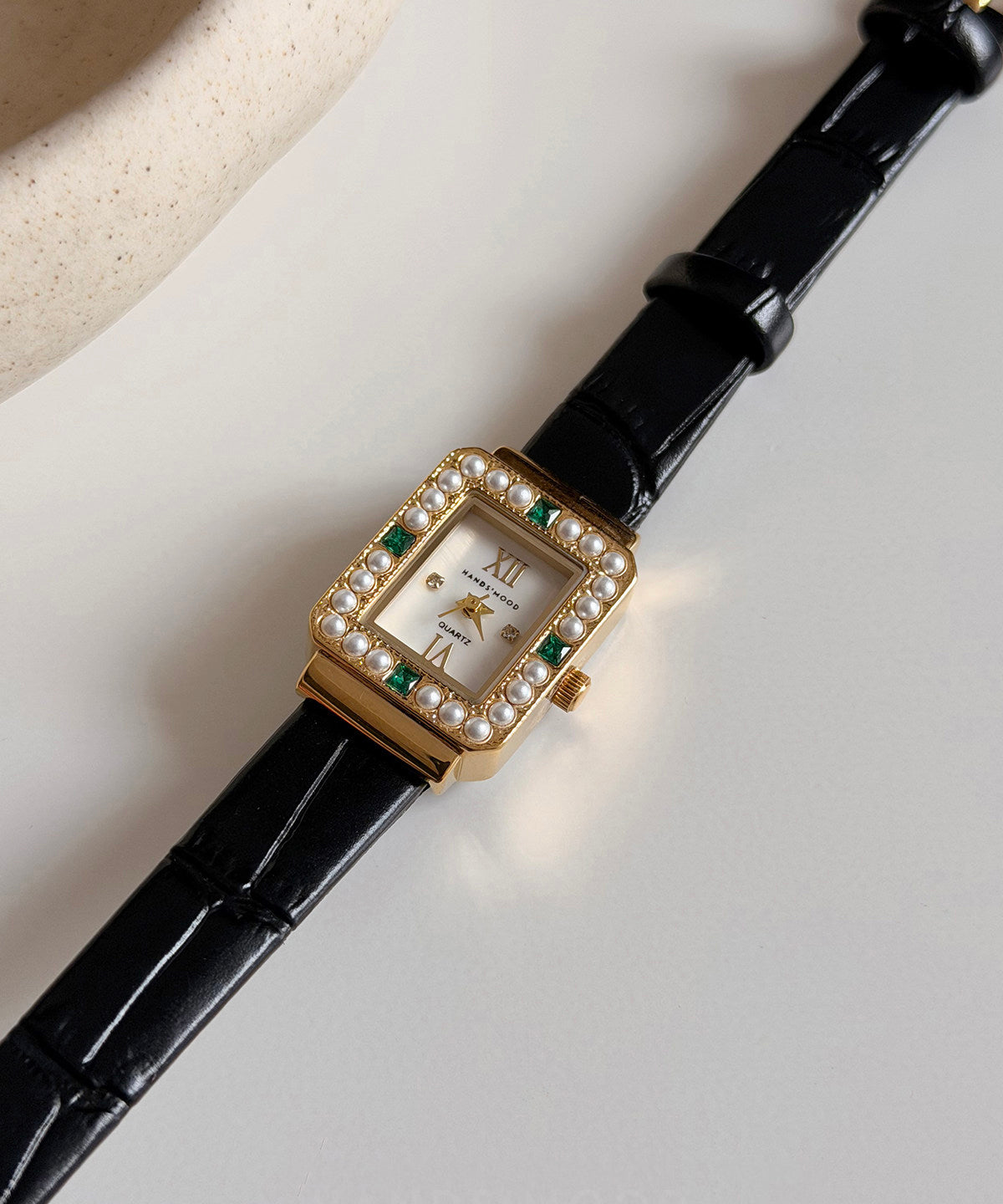 Unisex Quartz Ur med Sort Læderrem og Zircon Detaljer 4