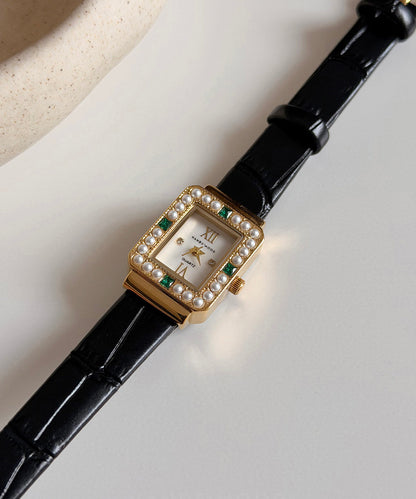 Unisex Quartz Ur med Sort Læderrem og Zircon Detaljer 4
