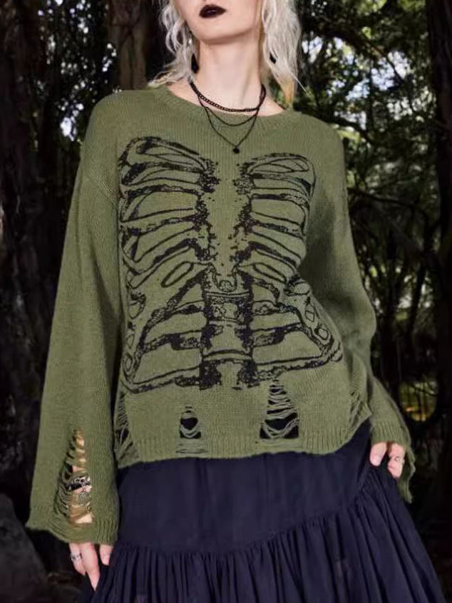 Unisex Sweater Med Grafisk Kraniedesign Og Rippede Detaljer 2