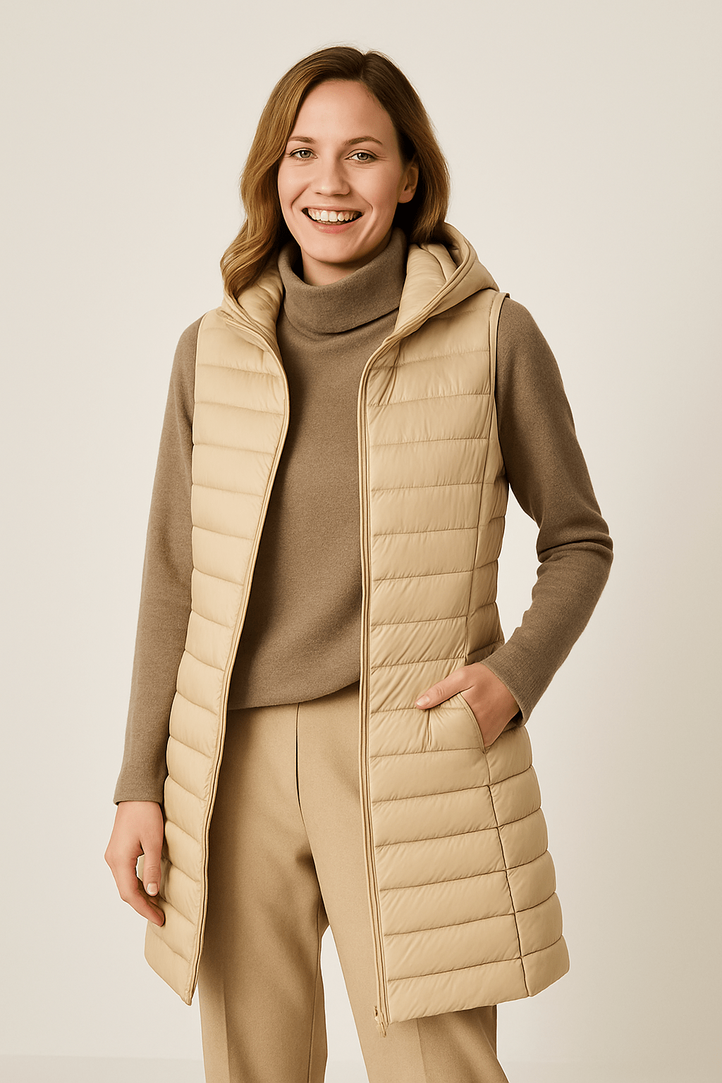 Vinterfrakke Dame Med Hætte Moderne Quiltet Design 1