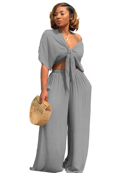 Bowknot Tie Crop Top og lige bukser sæt