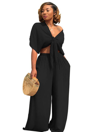 Bowknot Tie Crop Top og lige bukser sæt