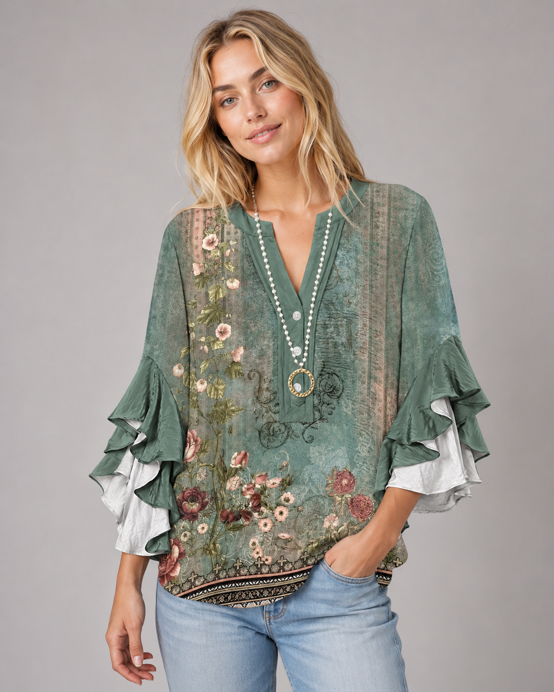 Dame-T-shirt med blomstermønster og flæsekanter