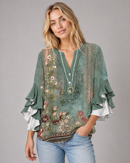 Dame-T-shirt med blomstermønster og flæsekanter