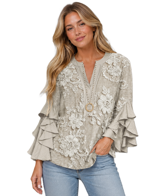 Dame-T-shirt med blomstermønster og flæsekanter