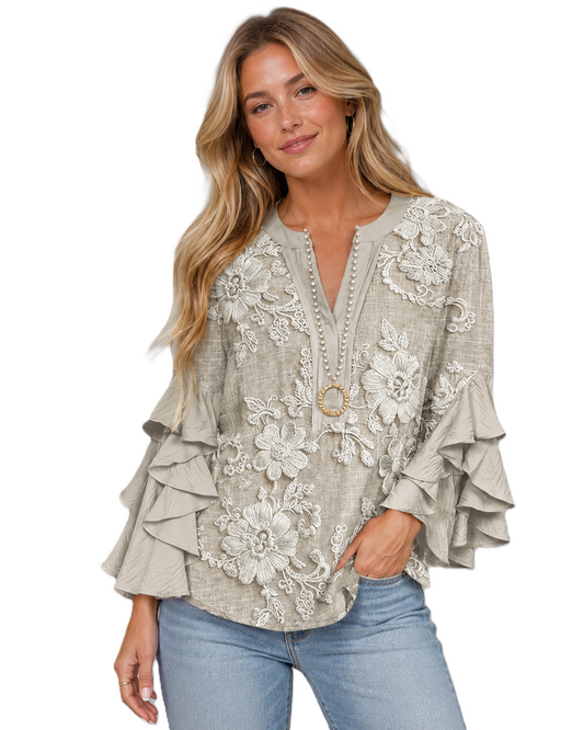 Dame-T-shirt med blomstermønster og flæsekanter