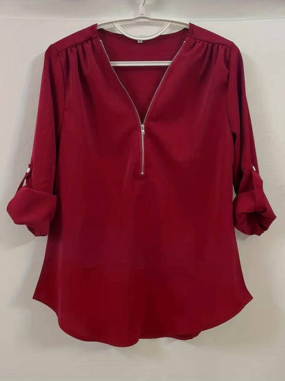 Kvinders Casual Bluse Halv Rits 100% Bomuld Rulleopærmer-3