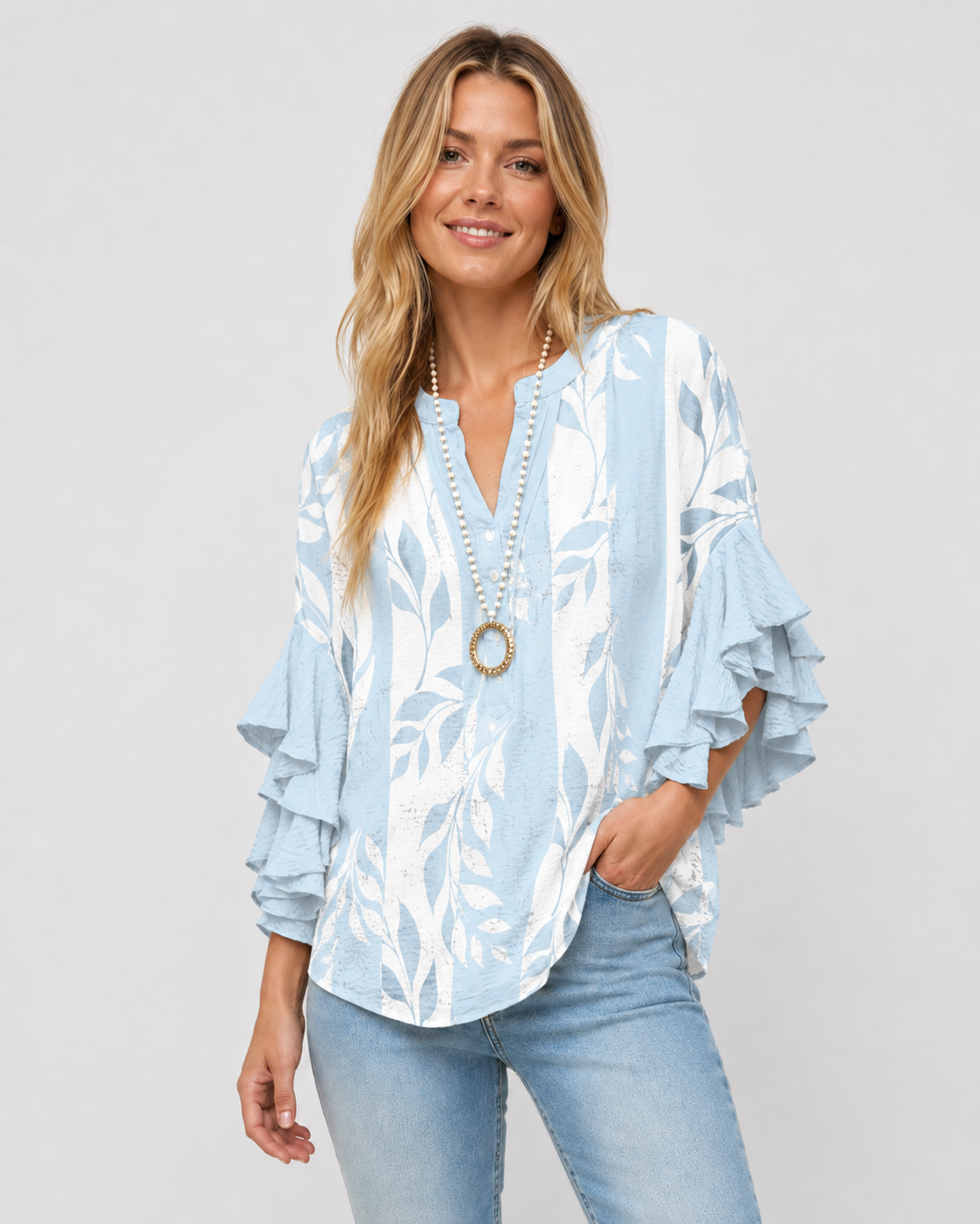 Kvinders Bluse Blomsterprint Flæsede Ærmer Casual