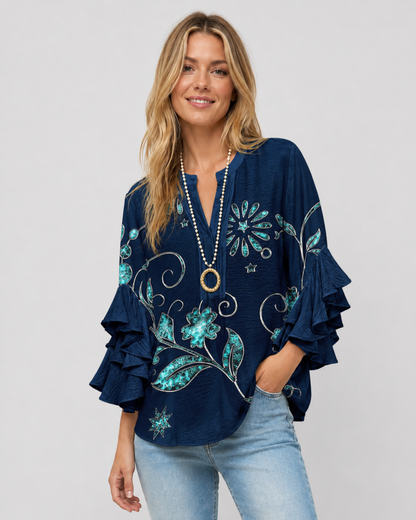 Kvinders Bluse Blomsterprint Flæsede Ærmer Casual