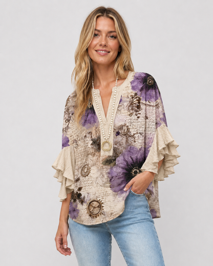 Kvinders Bluse Blomsterprint Flæsede Ærmer Casual
