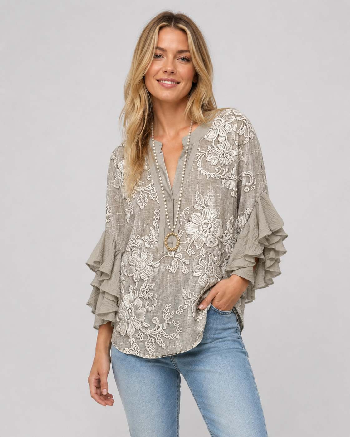 Kvinders Bluse Blomsterprint Flæsede Ærmer Casual
