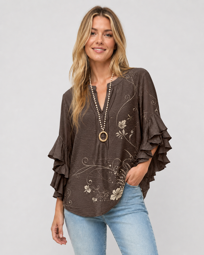 Kvinders Bluse Blomsterprint Flæsede Ærmer Casual