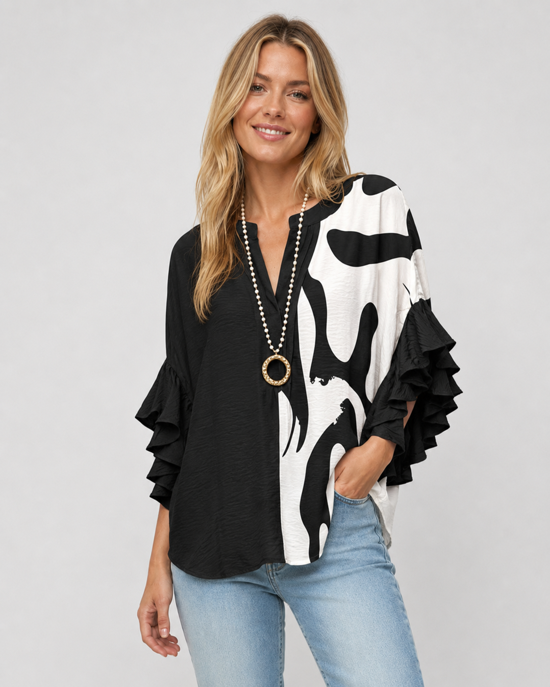 Kvinders Bluse Blomsterprint Flæsede Ærmer Casual