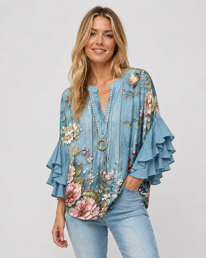 Kvinders Bluse Blomsterprint Flæsede Ærmer Casual