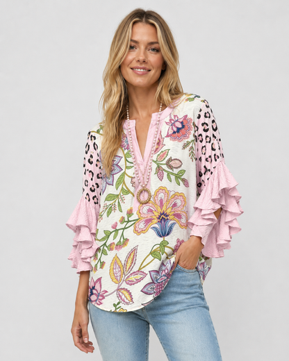 Kvinders Bluse Blomsterprint Flæsede Ærmer Casual