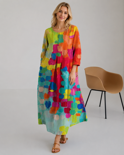 Kvinders Sommerkjole Med Farverigt Print i Linned
