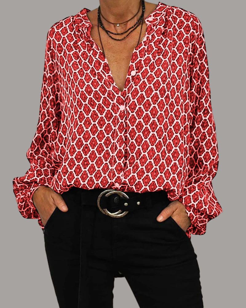 Variant image for Dame Bluse V-Hals Geometrisk Mønster Katoonsmix-9