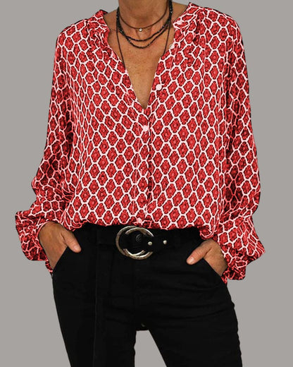Variant image for Dame Bluse V-Hals Geometrisk Mønster Katoonsmix-9