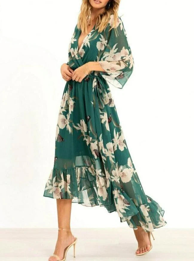 Kvinders Maxi Kjole V-Hals 3/4 Ærmer Polyester Elegant-3