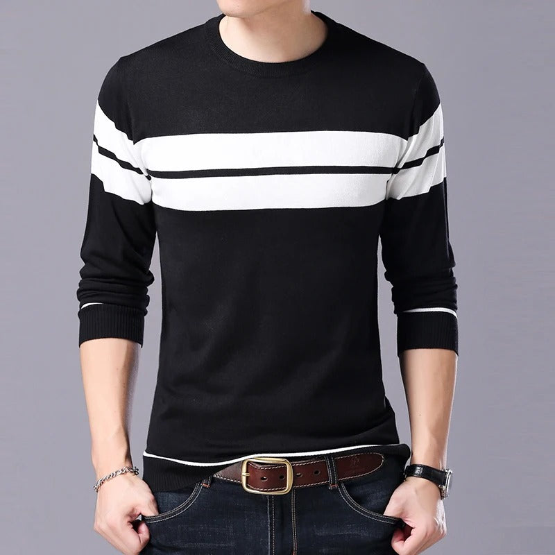 Patchwork-pullover med O-hals til mænd
