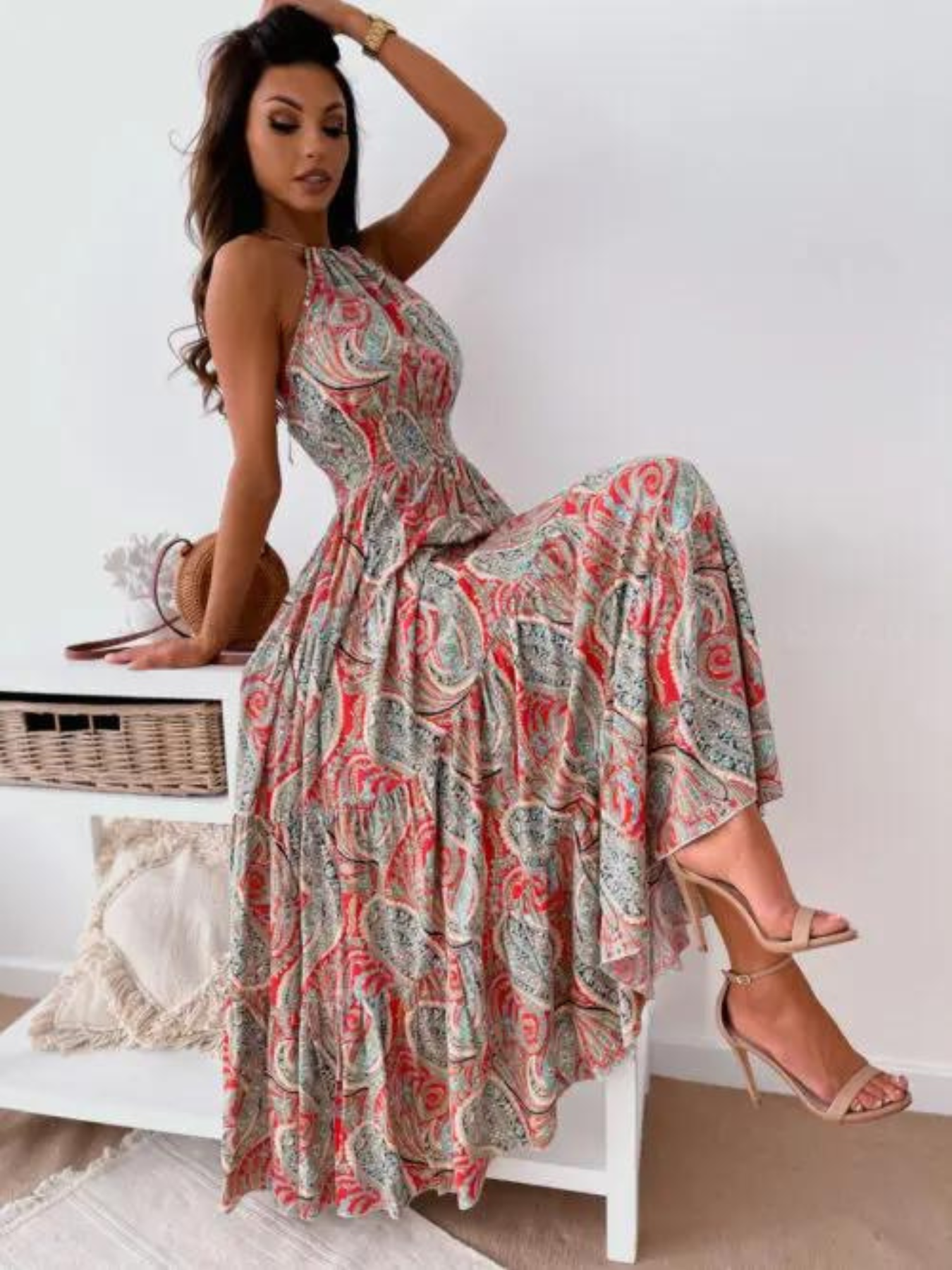 Vintage Boho Print Halter Dress til kvinder
