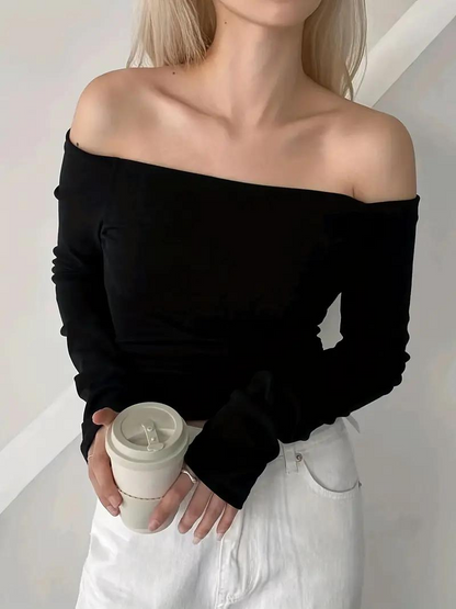 Ensfarvede langærmede off shoulder-toppe